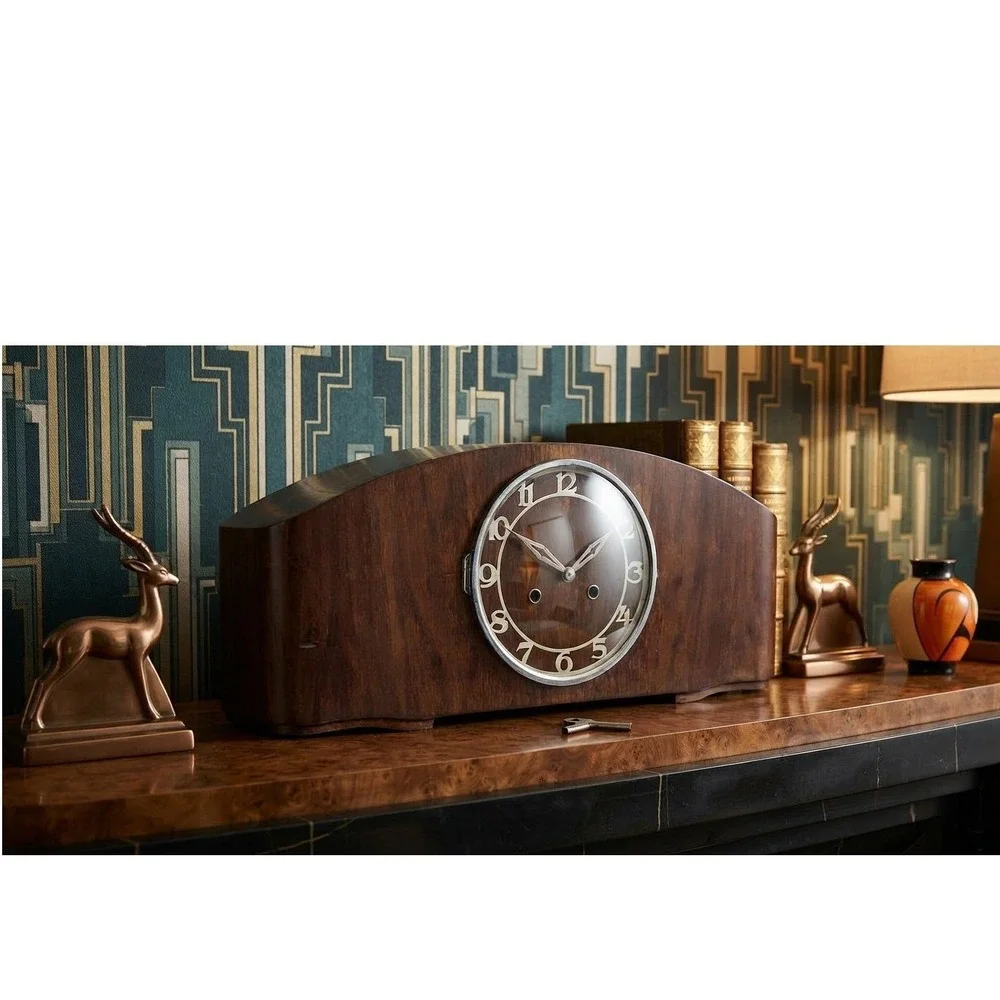 Vintage 1950s Tambour Mantel Clock German 8 Day Movement 130 Stamp Wood Case